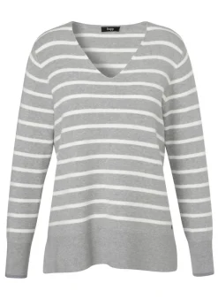 Geringelter Feinstick Pullover mit V-Ausschnitt