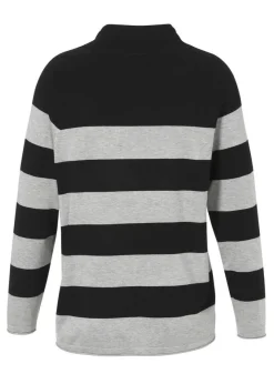 Gestreifter Feinstrick-Pullover Schwarz/ Grau Melange