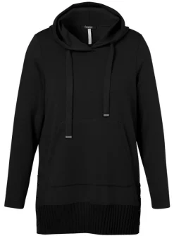 Längeres Hoodie-Sweatshirt mit gestricktem Rippbund